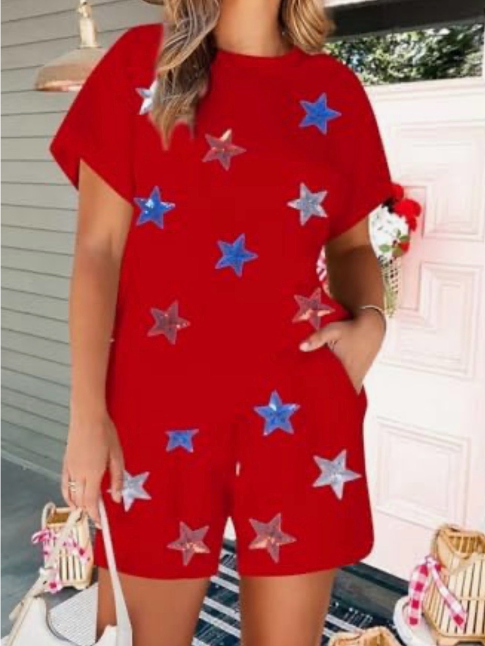 EUC - 4th of July 2 Piece Sequin Stars Shirt and Short Set Women Size Medium
